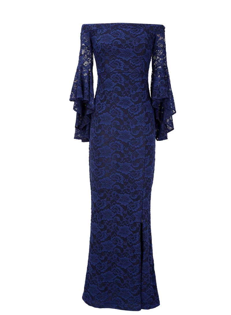 VFSHOW Womens Floral Lace Off Shoulder Bell Sleeve Formal Wedding Maxi Dress 1810 BLU XL - Image 3